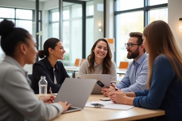 Small group of people discussing podcasting concepts in a modern office